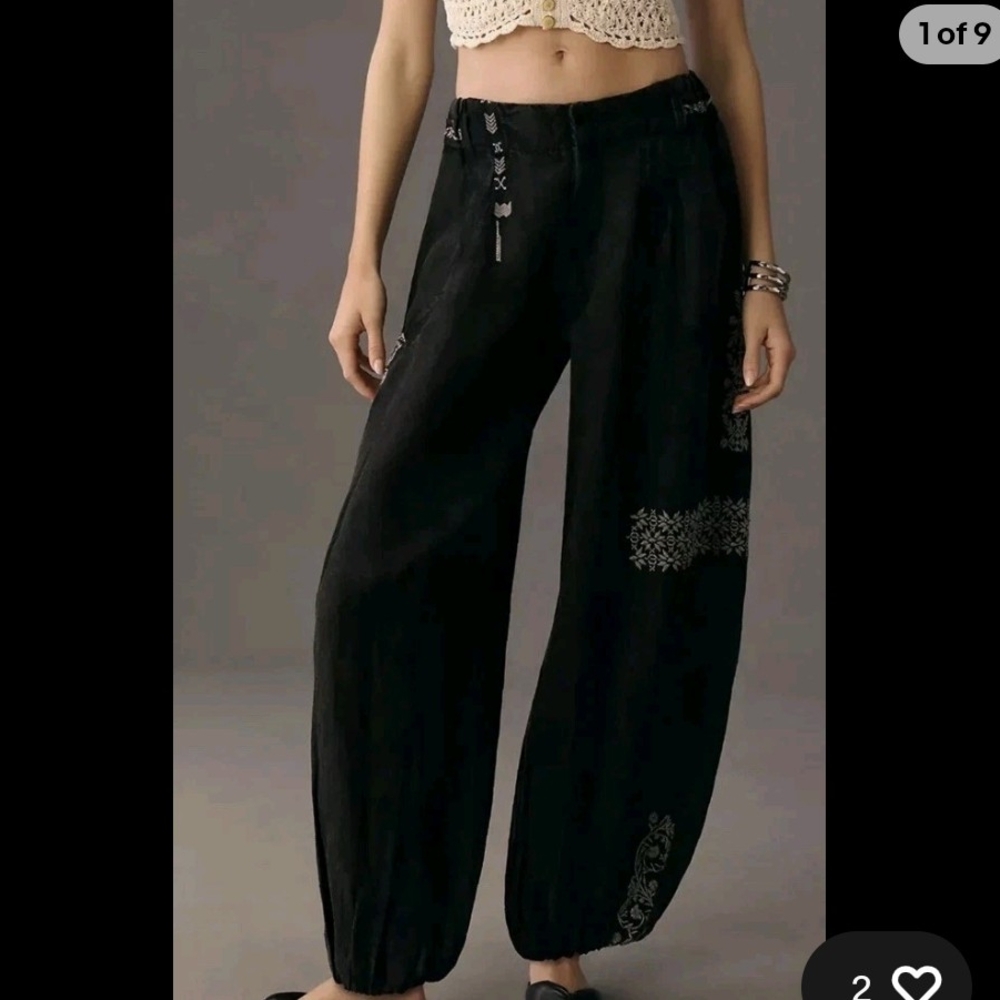 Anthropologie Black Embroidered Wide Leg Trousers Linen Pants